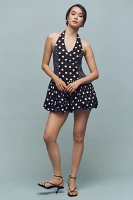 Maeve Polka Dot Halter V-Neck Bubble-Hem Romper