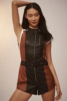 By Anthropologie Sleeveless Faux Leather Belted Micro Romper