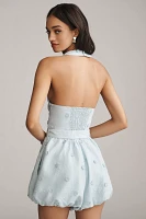 Maeve Linen Blend Halter 3D Floral Embellished Belted Bubble Romper