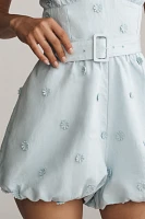 Maeve Linen Blend Halter 3D Floral Embellished Belted Bubble Romper