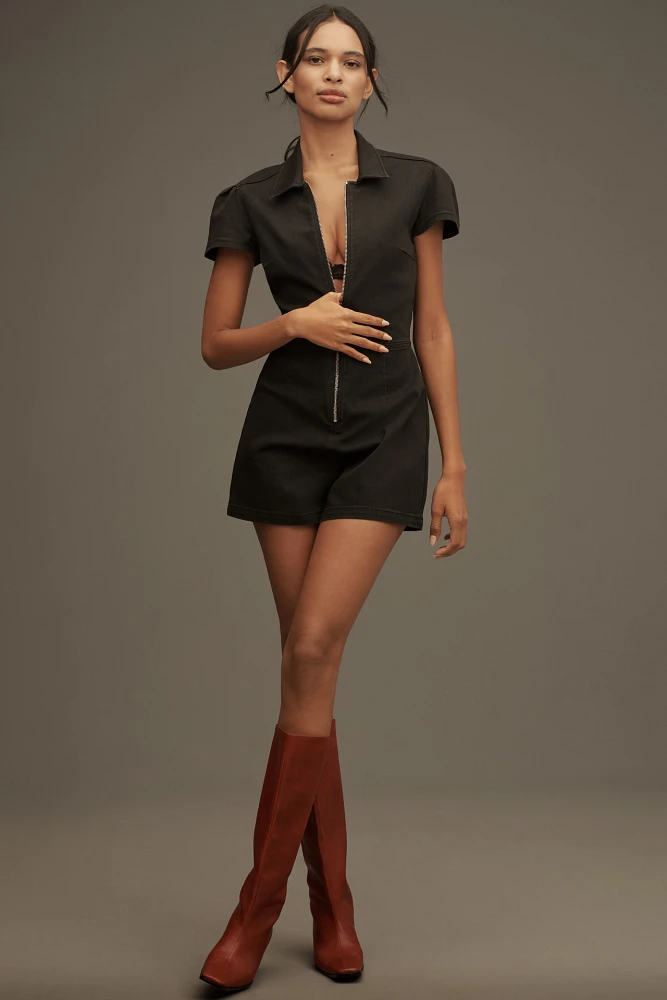 Pilcro Short-Sleeve Collared Zip-Front Romper