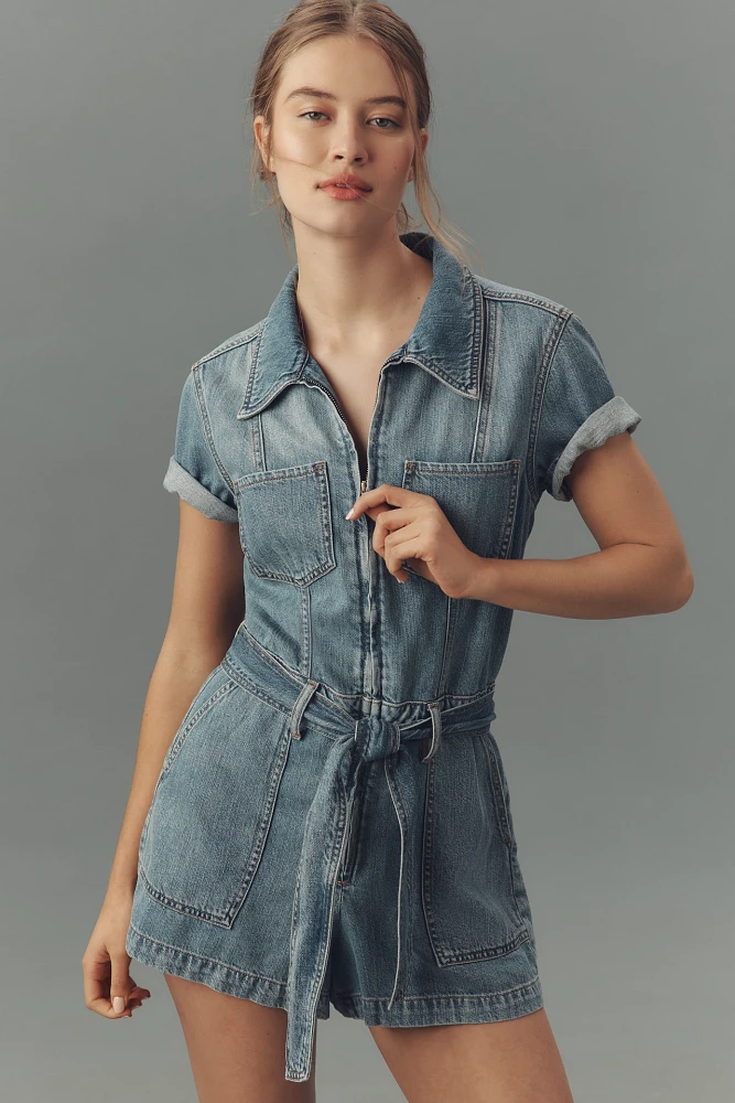 Good American Fit For Success Lite Linen Short-Sleeve Denim Romper