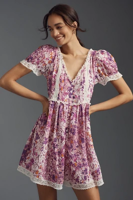 By Anthropologie Short-Sleeve Lace-Trim Babydoll Romper