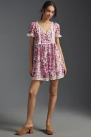 By Anthropologie Short-Sleeve Lace-Trim Babydoll Romper