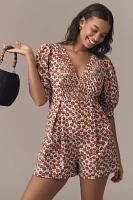Maeve Puff-Sleeve V-Neck Pintuck Romper