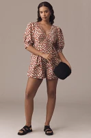 Maeve Puff-Sleeve V-Neck Pintuck Romper