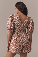 Maeve Puff-Sleeve V-Neck Pintuck Romper