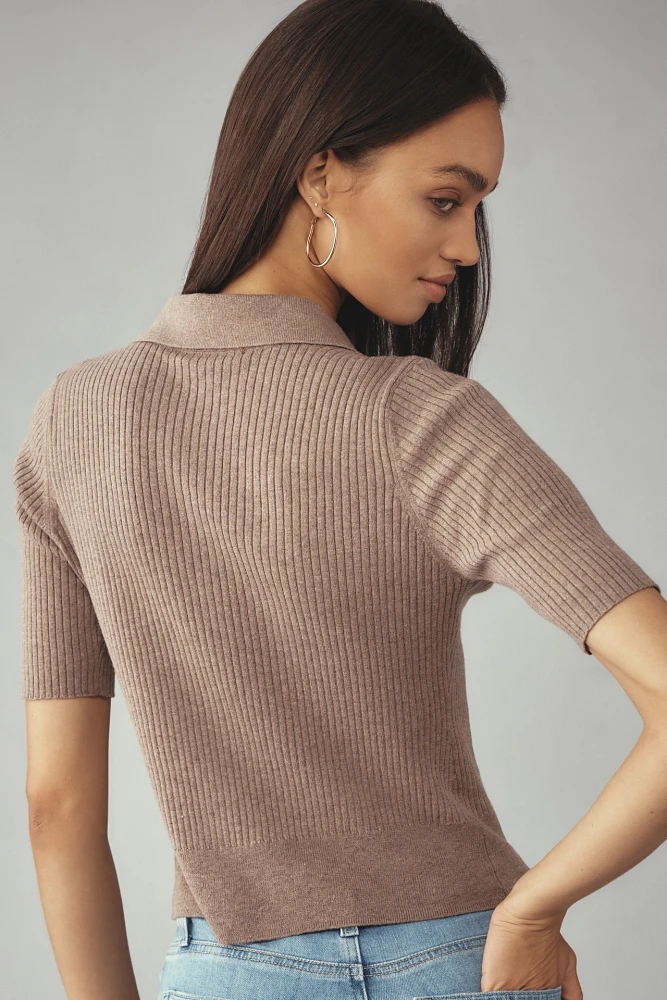 PAIGE Lianne Short-Sleeve Button-Front Collared Sweater