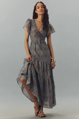 PAIGE Kinga Silk Blend Flutter-Sleeve Tiered Maxi Dress