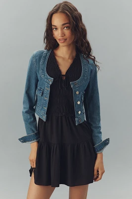 PAIGE Kiara Collarless Scoop-Neck Cropped Denim Jacket