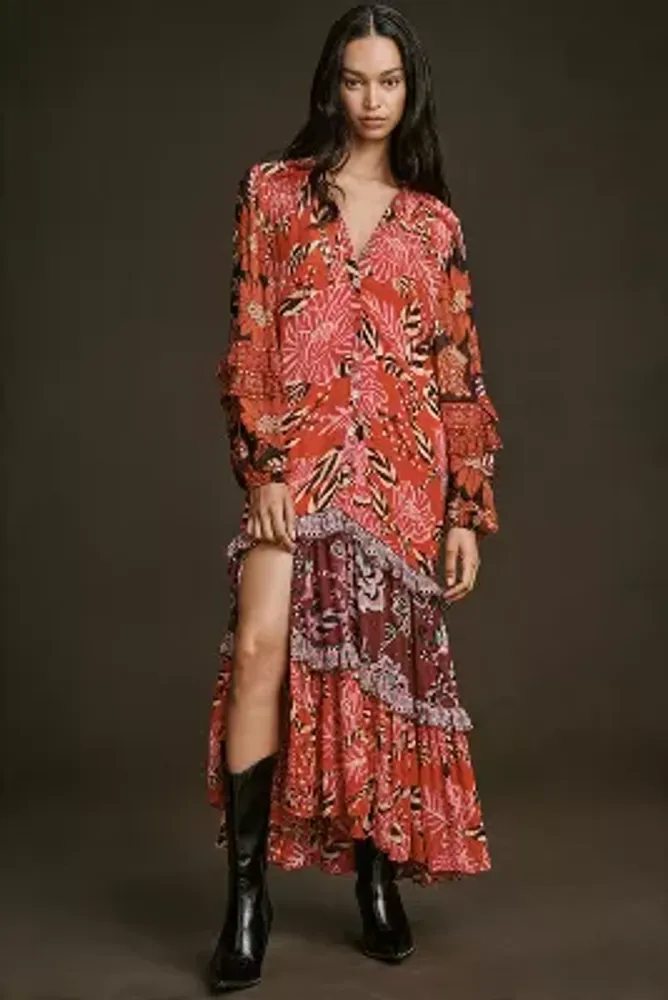 Farm Rio Mixed Floral Long-Sleeve Dress