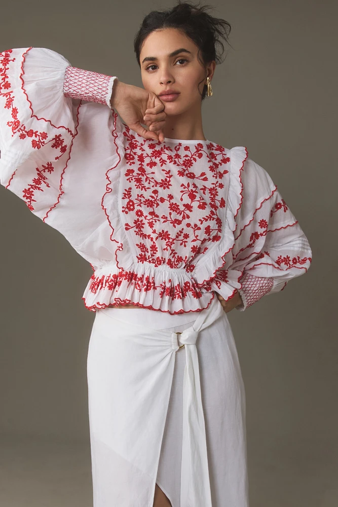 Farm Rio Long-Sleeve Embroidered Blouse