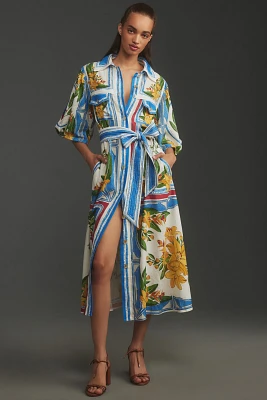 Farm Rio Tropical Destination Tie-Waist Linen Midi Dress