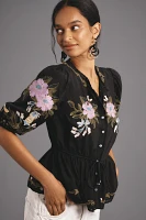 Farm Rio Winter Garden Embroidered Blouse