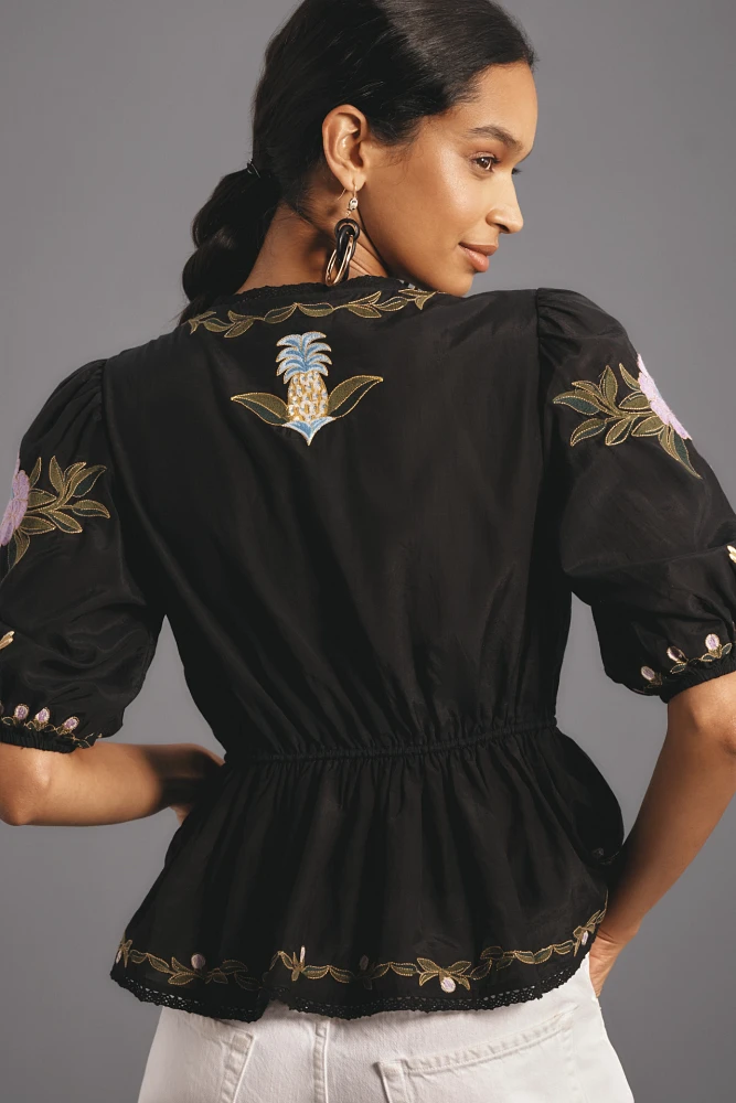 Farm Rio Winter Garden Embroidered Blouse