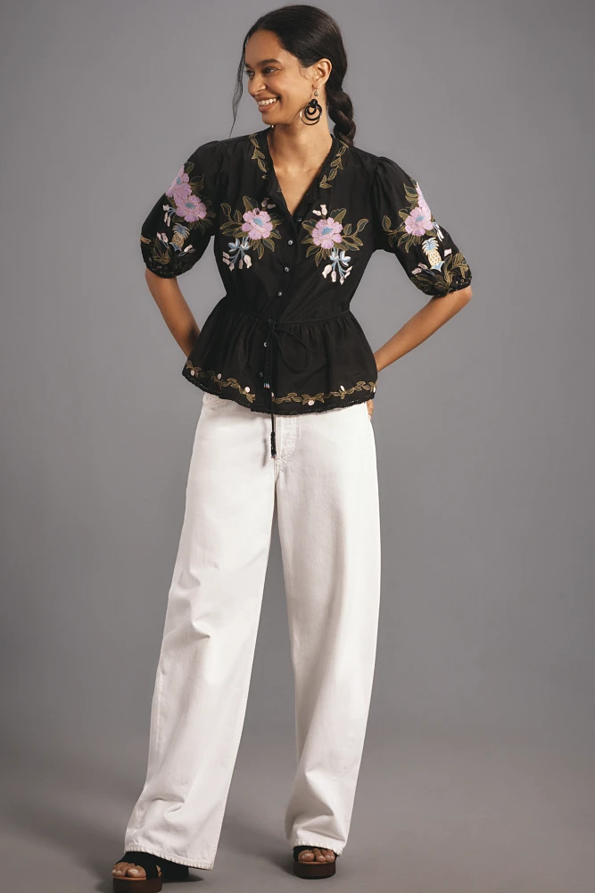 Farm Rio Winter Garden Embroidered Blouse