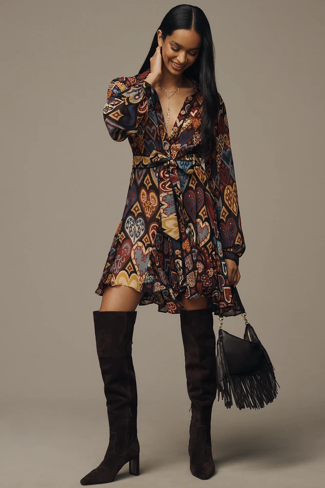 Farm Rio Hearts Ikat Long-Sleeve Mini Shirt Dress