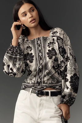 Farm Rio Leopard Floral Long-Sleeve Blouse