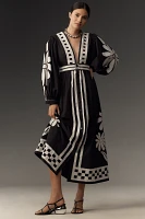 Farm Rio Nature Long-Sleeve V-Neck Graphic Floral Maxi Dress