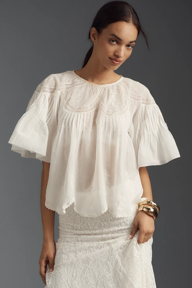 Farm Rio Short-Sleeve Embroidered Swing Blouse