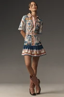 Farm Rio Cerrado Short-Sleeve Belted Linen Mini Dress