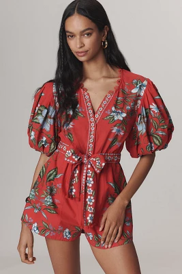 Farm Rio Sweet Bloom Bouquet Puff-Sleeve Romper