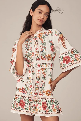 Farm Rio Delicate Forest Scarves Flared-Sleeve Mini Dress
