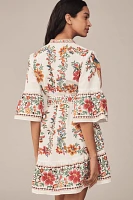 Farm Rio Delicate Forest Scarves Flared-Sleeve Mini Dress