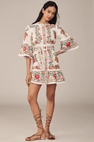 Farm Rio Delicate Forest Scarves Flared-Sleeve Mini Dress