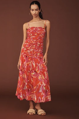 Farm Rio Shirred Drop-Waist Midi Dress