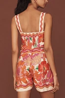 Farm Rio Spring Affair Linen-Blend Sleeveless Square-Neck Romper