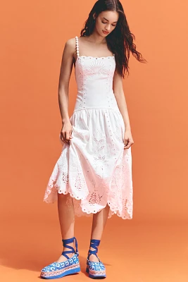 Farm Rio Richilieu Linen-Blend Sleeveless Eyelet Midi Dress