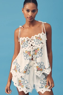 Farm Rio Grandma's Treasure Linen-Blend Sleeveless Eyelet Blouse