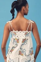 Farm Rio Grandma's Treasure Linen-Blend Sleeveless Eyelet Blouse