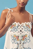 Farm Rio Grandma's Treasure Linen-Blend Sleeveless Eyelet Blouse