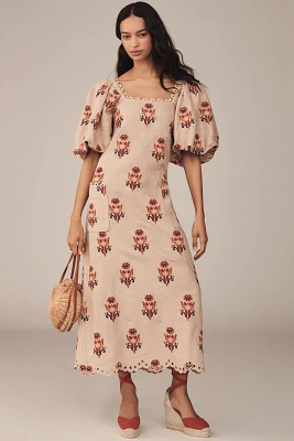 Farm Rio Puff-Sleeve Linen Embroidered Macaw Midi Dress