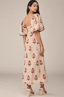 Farm Rio Puff-Sleeve Linen Embroidered Macaw Midi Dress