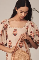 Farm Rio Puff-Sleeve Linen Embroidered Macaw Midi Dress