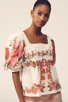 Farm Rio Summer Fruit Cotton Puff-Sleeve Square-Neck Blouse
