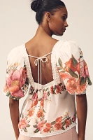 Farm Rio Summer Fruit Cotton Puff-Sleeve Square-Neck Blouse