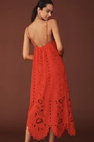 Farm Rio Richelieu Linen-Blend Sleeveless Eyelet Midi Dress