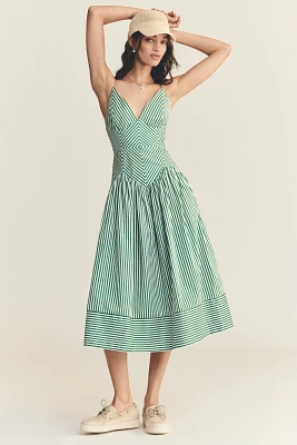 Farm Rio Stripe Cotton Sleeveless V-Neck Drop-Waist Midi Dress