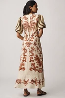 Farm Rio V-Neck Puff-Sleeve Linen Maxi Dress