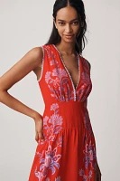 Farm Rio Porcelain Garden Red Linen A-Line Midi Dress