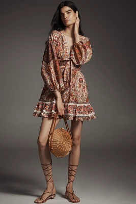 Farm Rio Romantic Nature Multicolor V-Neck Puff-Sleeve Mini Dress