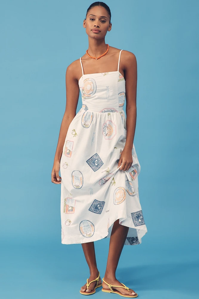 Damson Madder Peaches Embroidered Apron Midi Dress