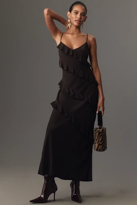 Good American Chiffon Ruffle Bias Slip Maxi Dress