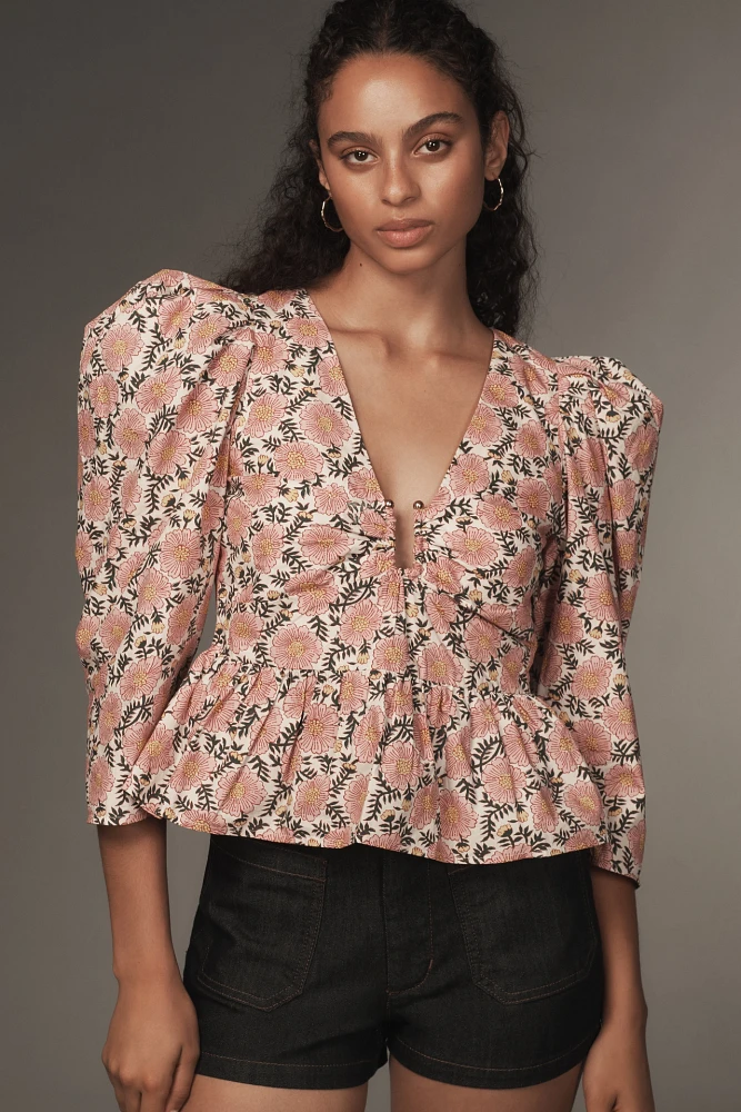 RHODE Alma Puffed-Sleeve Peplum Blouse