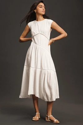 FRAME Gathered Seam Lace-Inset Linen Midi Dress