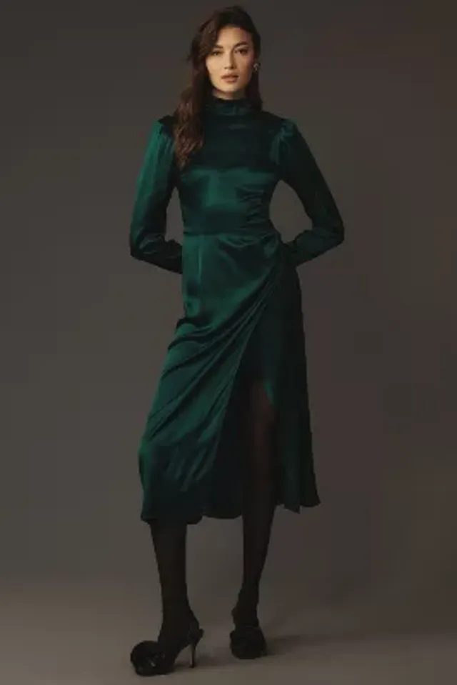 Reformation Gloriana Long-Sleeve Sweetheart Side-Slit Silk Midi Dress